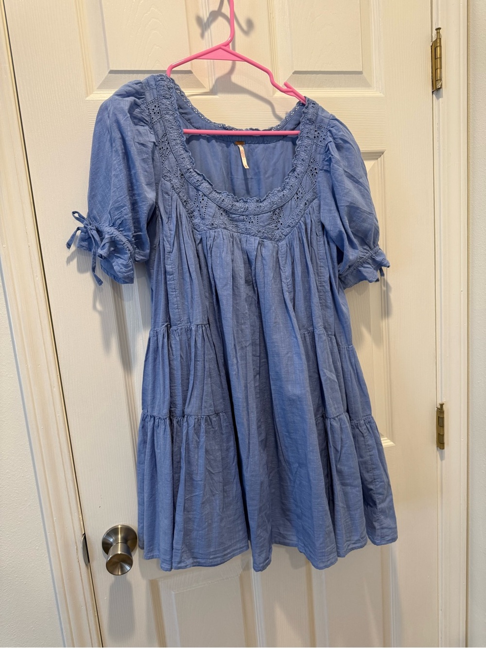 Free People Chambray Blue Tiered Lace Yoke Dress